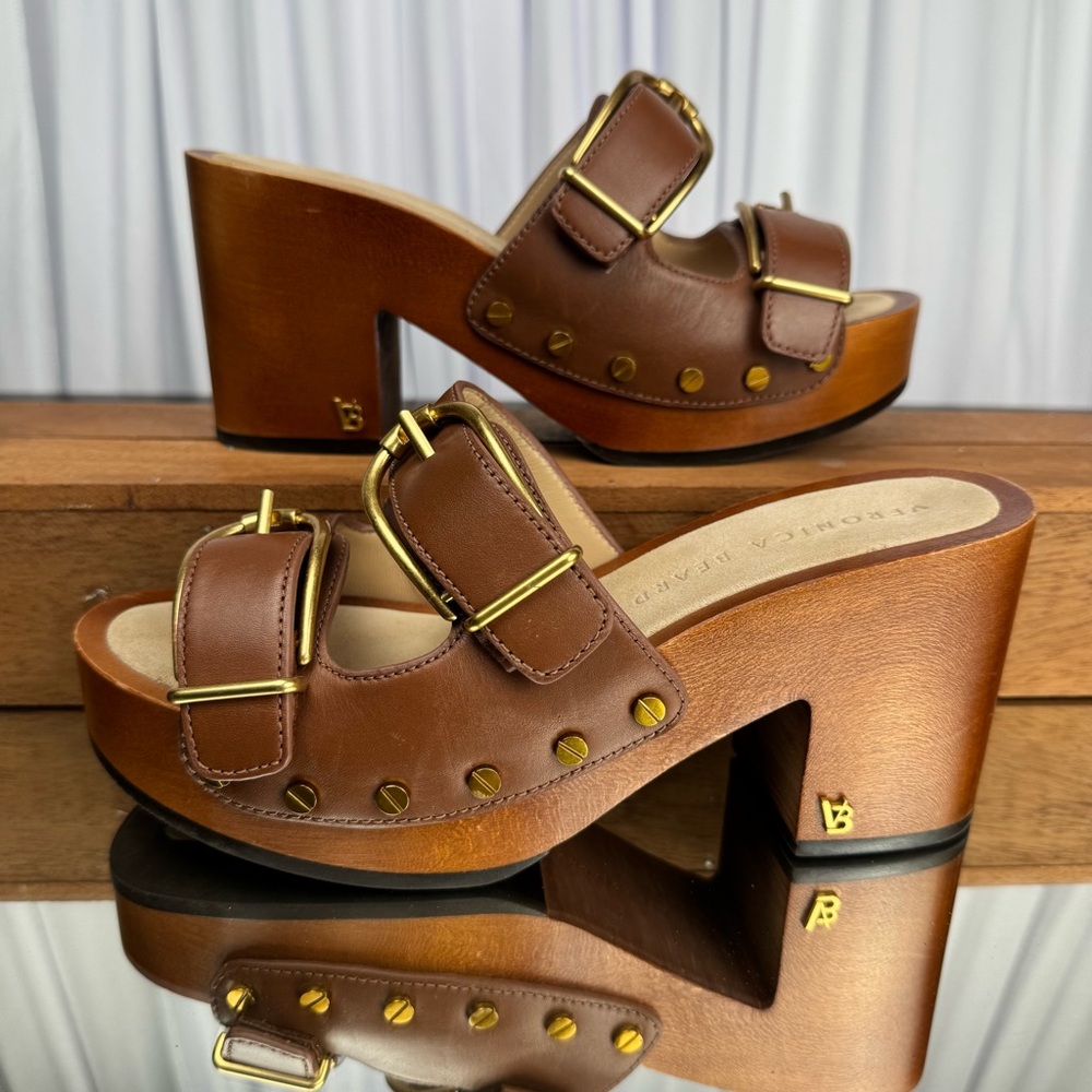 Veronica Beard Hilfax Brown Leather Double-Buckle Clog Heels Women’s Size 6.5 - Picture 7 of 11